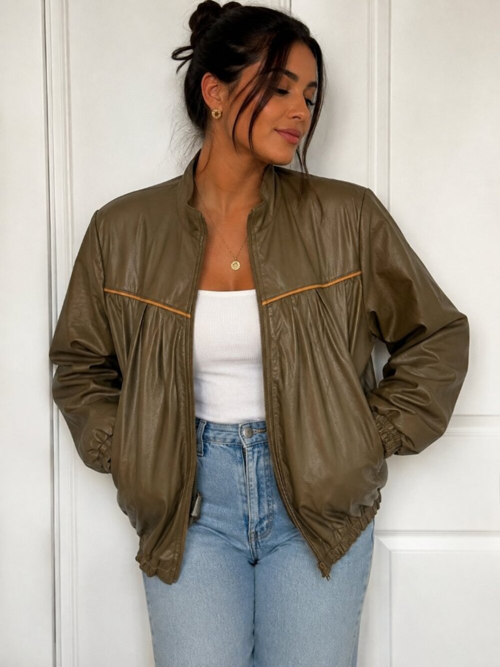 Vintage WINLIT Genuine Leather Bomber Jacket Oversized Olive Brown 80s 90s